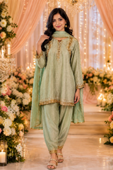 Green Tissue Short Anarkali Set