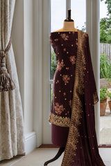 Plum Organza Floral Print and Zari work Suit