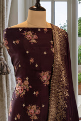 Plum Organza Floral Print and Zari work Suit