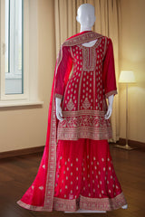 Red Chinnon Short Anarkali Suit