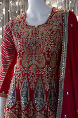 Red Chinnon Short Anarkali Suit
