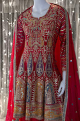 Red Chinnon Short Anarkali Suit