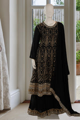 Black Chinnon Anarkali Sharara Suit