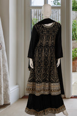 Black Chinnon Anarkali Sharara Suit