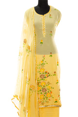 Yellow Muslin Cotton Hand Painted and Gotta Work Suit