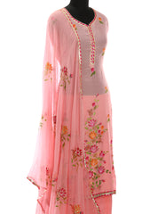 Pink Muslin Cotton Hand Painted and Gotta Work Suit