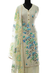 Light Pista Green Muslin Cotton Hand Painted and Gotta Work Suit