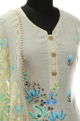 Light Pista Green Muslin Cotton Hand Painted and Gotta Work Suit