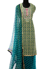 Teal Green Cotton Printed Suit