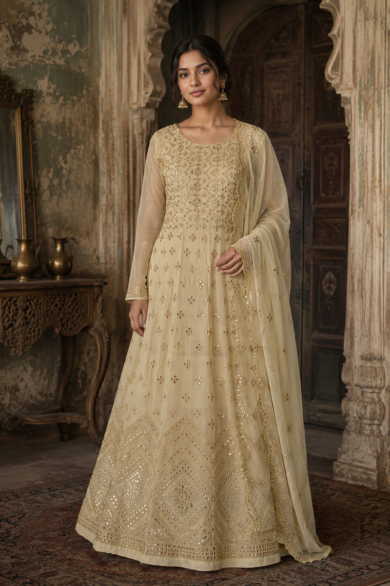 Off White Georgette Patra Work Gown Manjini Off White Georgette Patra Work Gown Manjini