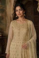 Off White Georgette Patra Work Gown