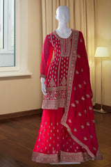 Red Chinnon Short Anarkali Suit