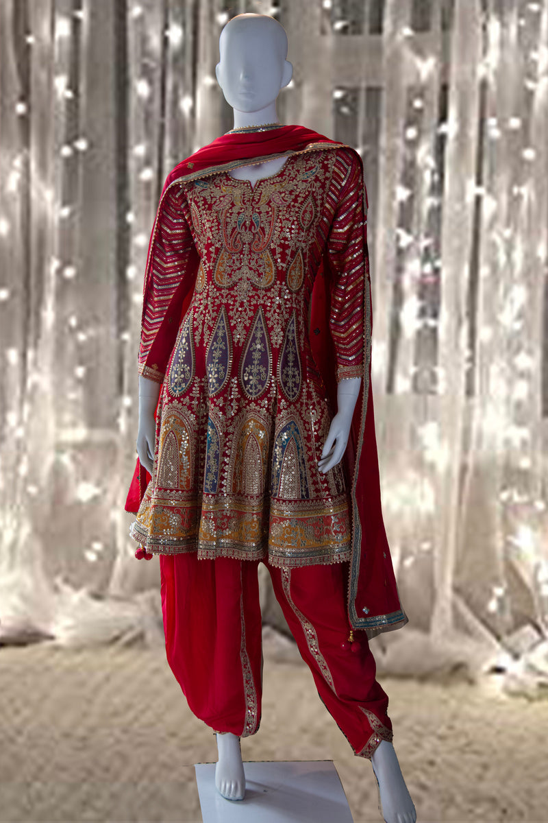 Red Chinnon Short Anarkali Suit