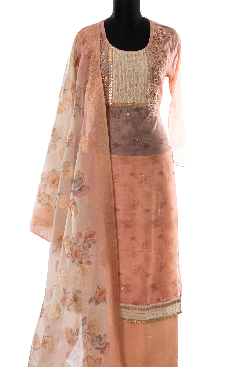 Peach Chanderi Embroidered Suit