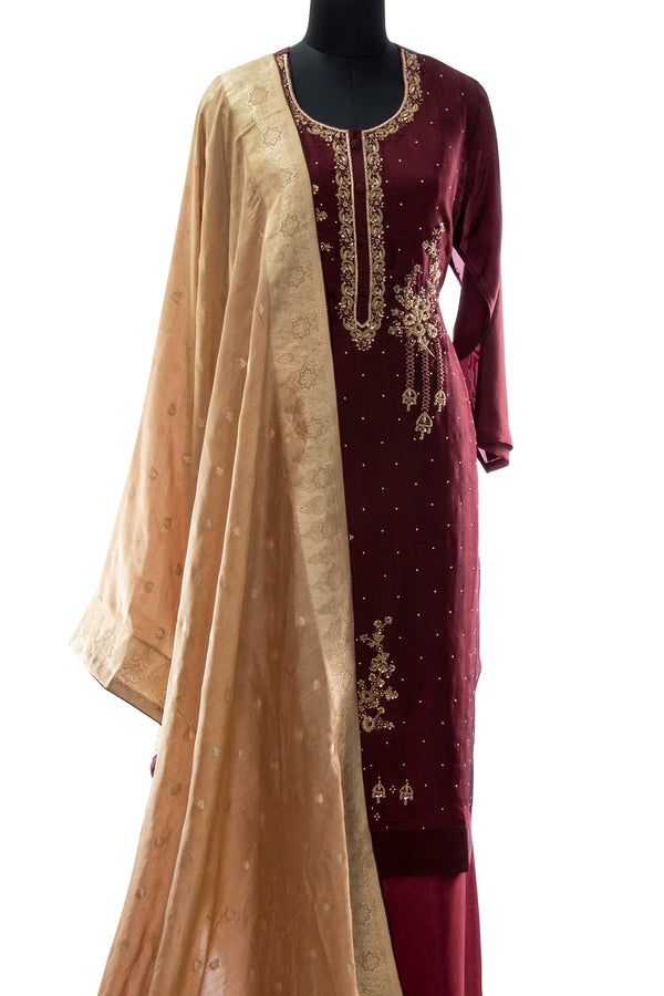 Maroon Opara Silk Handwork Suit