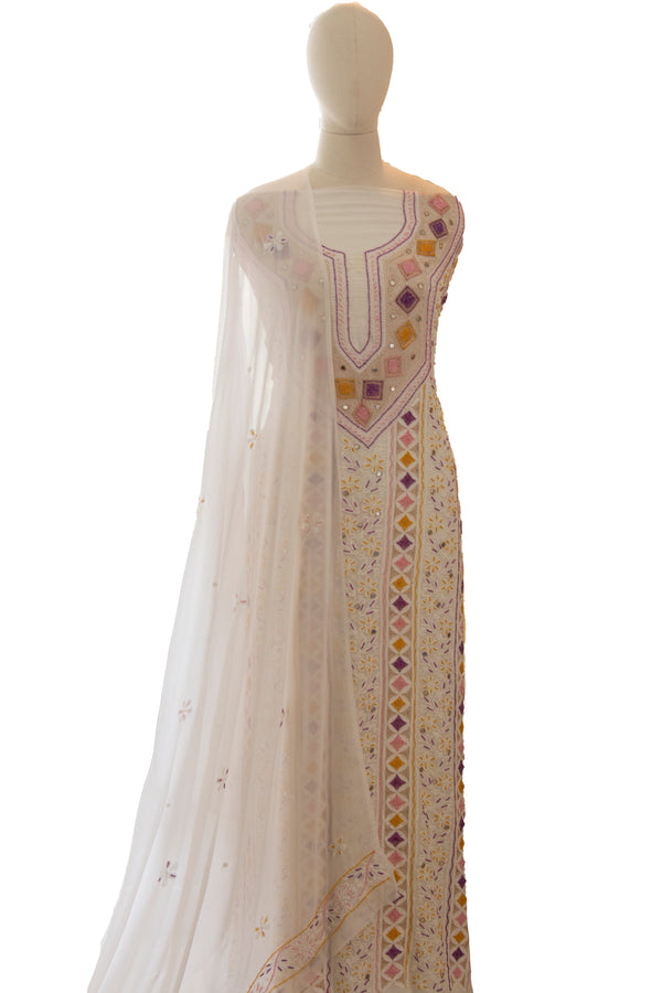 White Chikankari Georgette Suit with Multicolour Pearl Work