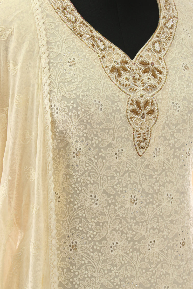 Ivory Beige Georgette   Embroidered Suit