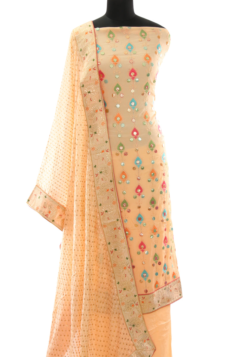 Peach Chinnon Embroidered Suit