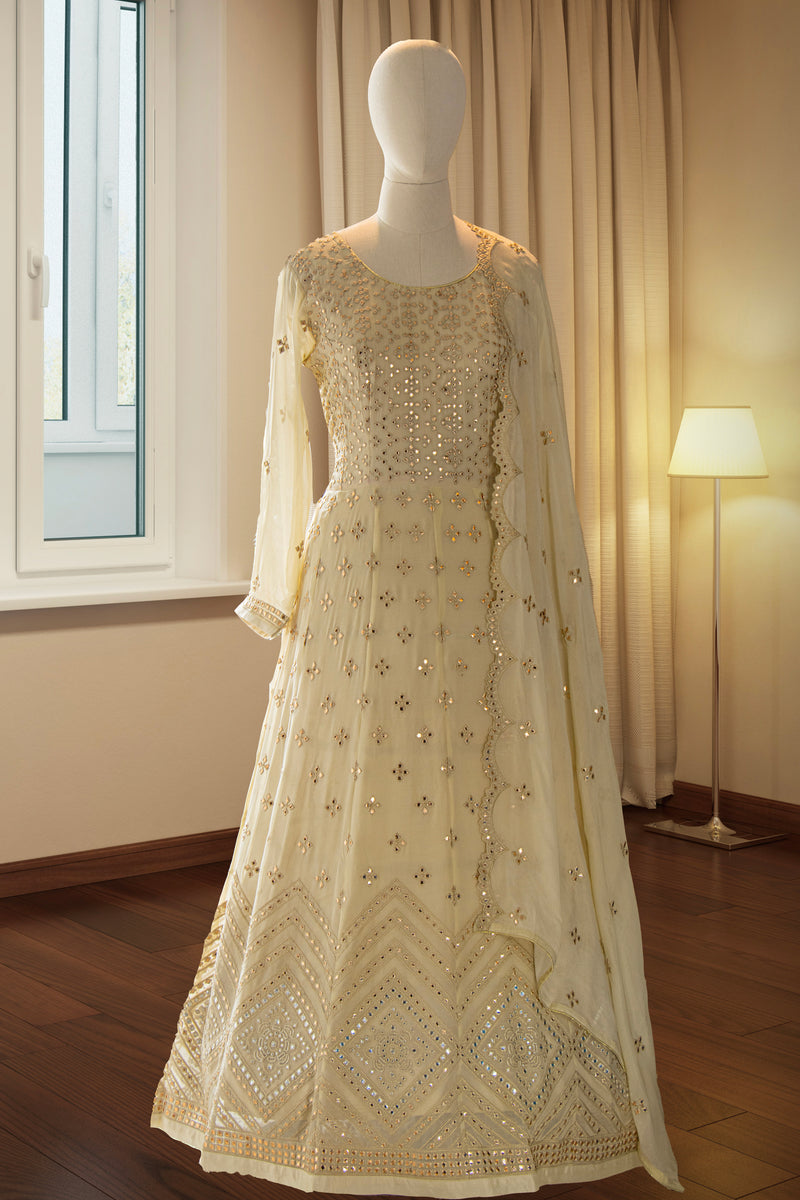Off White Georgette Patra Work Gown Manjini Off White Georgette Patra Work Gown Manjini
