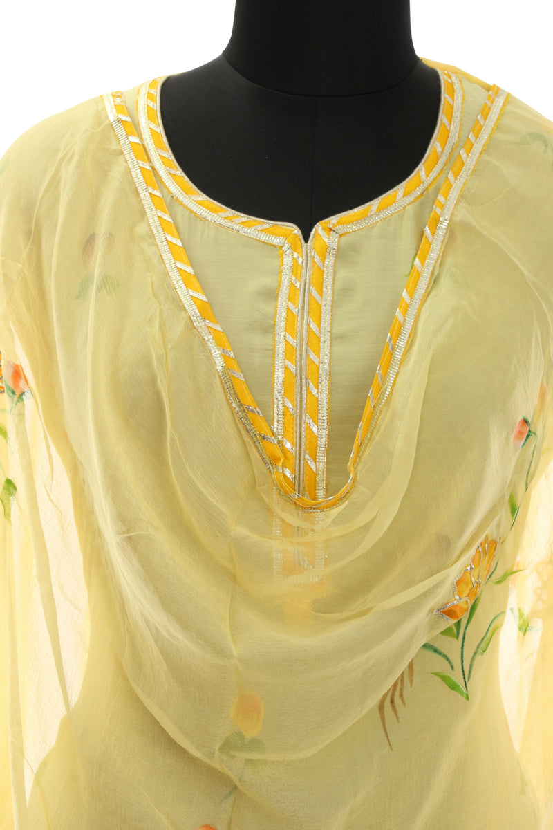 Yellow Muslin Cotton Hand Painted and Gotta Work Suit