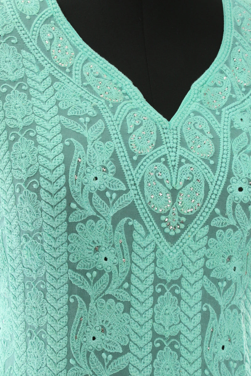 Teal Green Georgette   Embroidered Suit