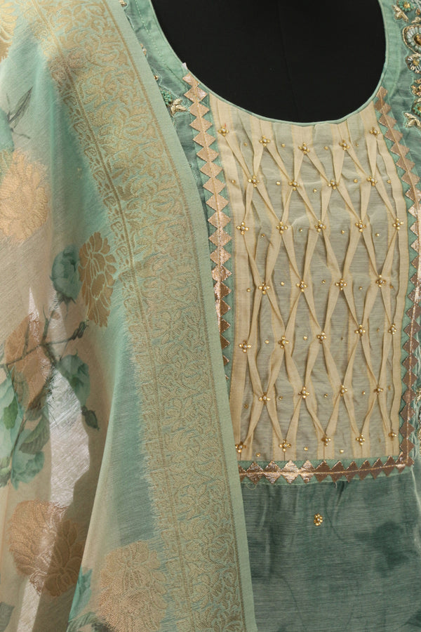 Green Chanderi Embroidered Suit