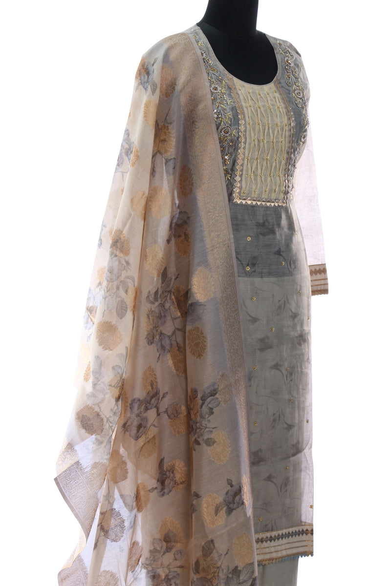 Grey Chanderi Embroidered Suit