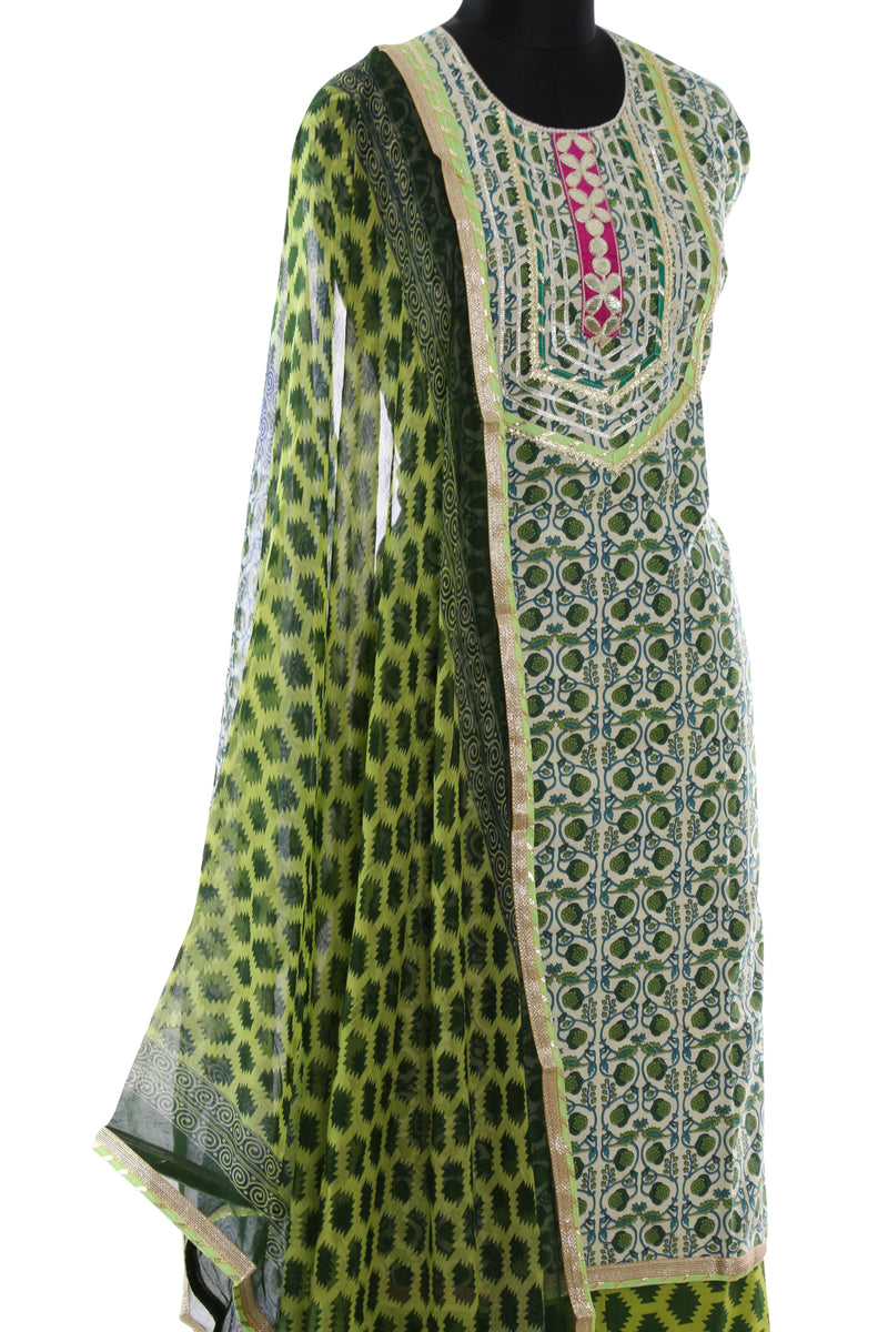 Mehndi Green Cotton Printed Suit