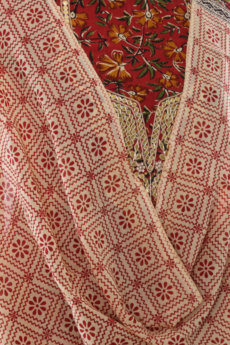 Red Cotton Printed Suit